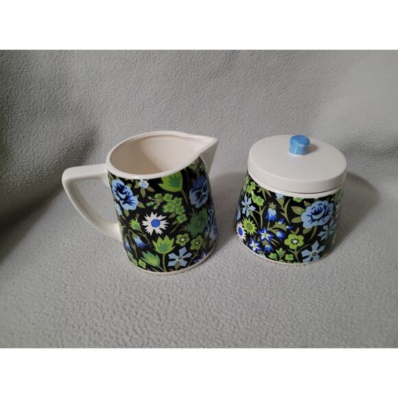 Napcoware Blue Green Pansies Floral Chintz Creamer Sugar Set Japan - Picture 4 of 11